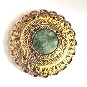 Vintage Lieba USA Scarf Clip Gold Tone Filigree Green Jade Stone Signed